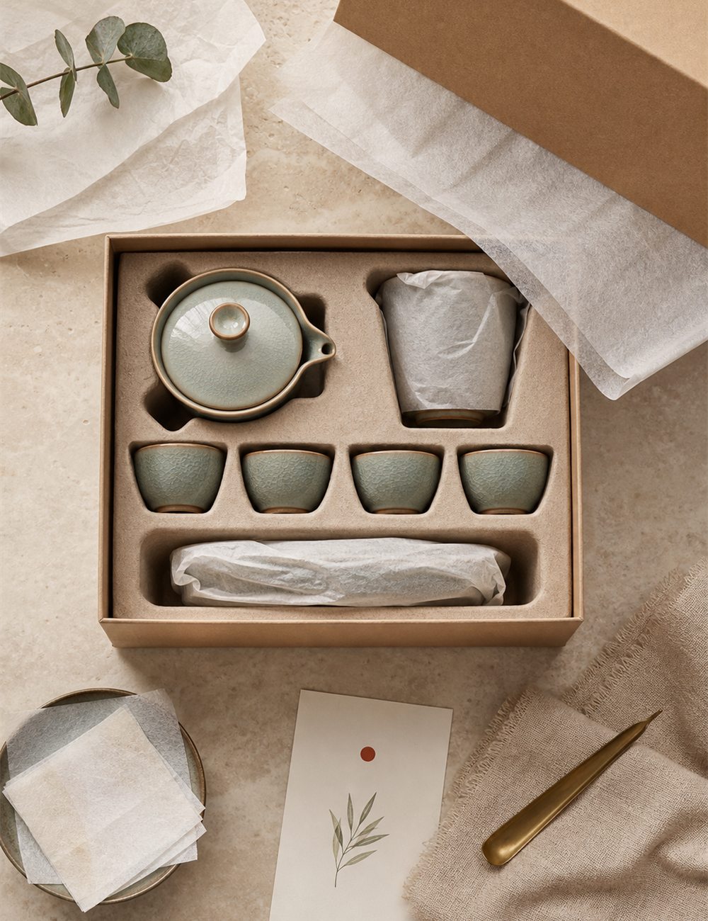 Gift-ready ceramic teaware packaging on a warm stone table