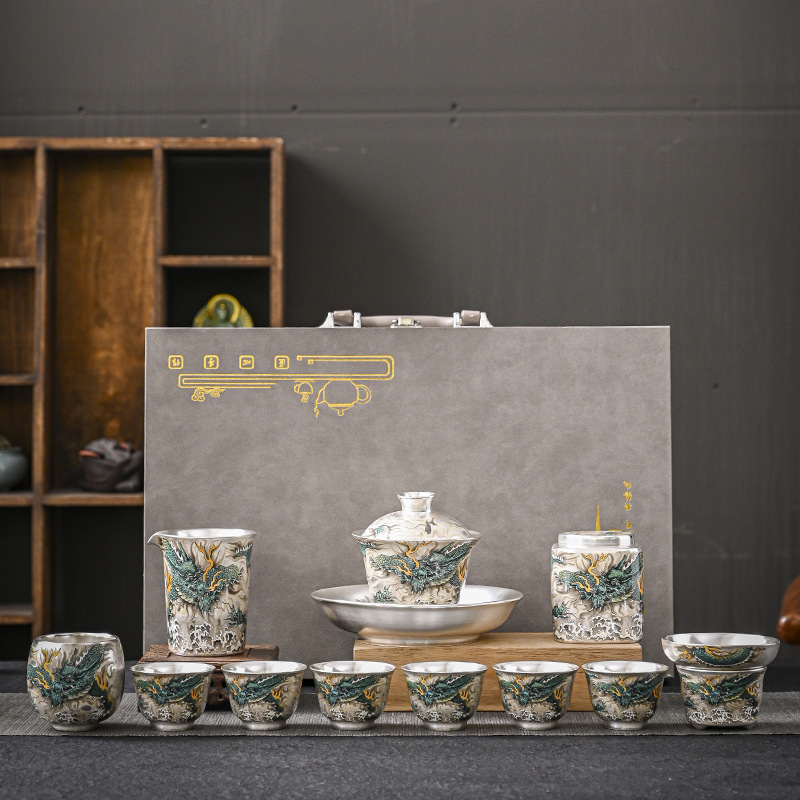 Chinese Azure Dragon Sterling Silver Tea Set - Image 3