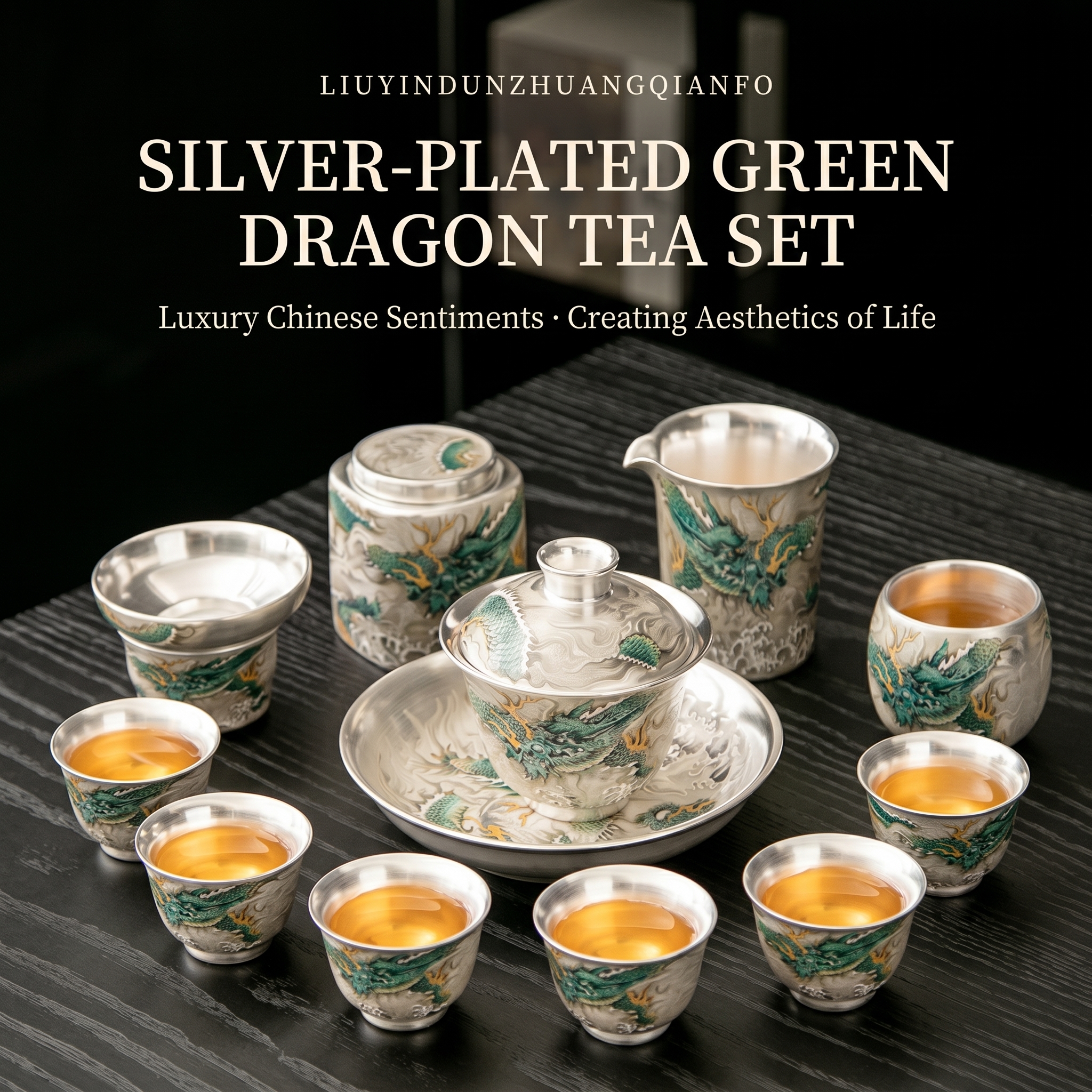 Chinese Azure Dragon Sterling Silver Tea Set
