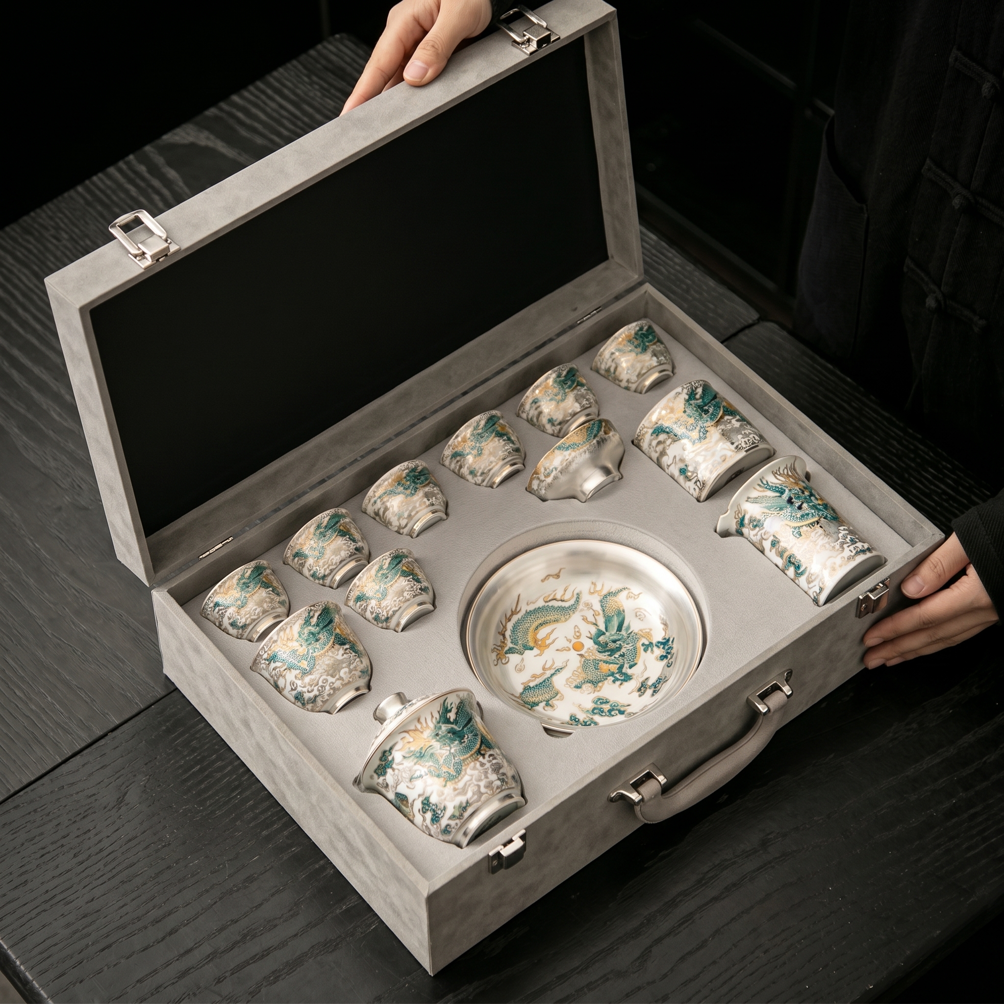 Chinese Azure Dragon Sterling Silver Tea Set - Image 4